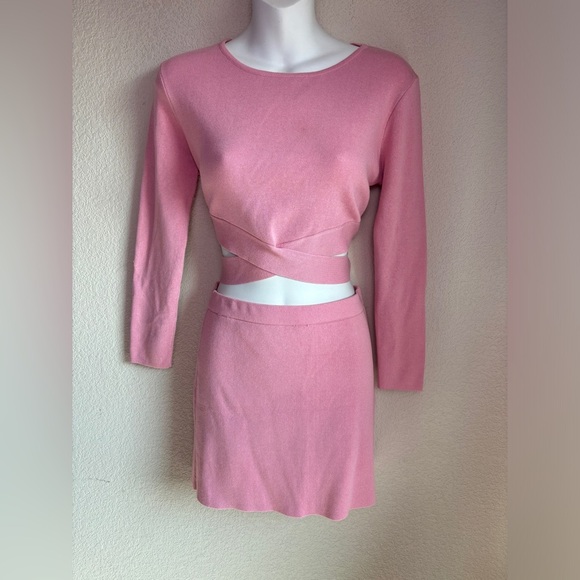 NWT Mebon By Machine Blush Pink Crisscross Ribbed Crop Sweater & Skirt Set L - Picture 3 of 11